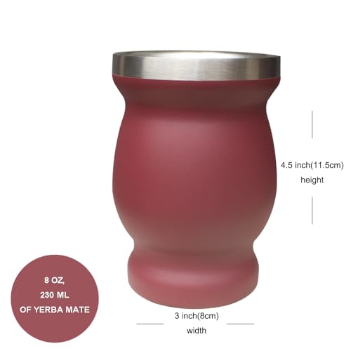 Beruth Bombilla Yerba Mate Gourd, 8oz Stainless Steel Tea Cup Set with a Multifunctional Lid, Two Straws and Cleaning Brushes, Double Walled Coffee Mug Heat Insulation Anti Scalding (Burgundy) - color: Burgundy