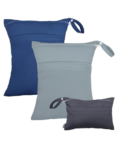 ALVABABY 3 Pack Wet Dry Bags for Cloth Diapers, Swimsuits & Gym Clothes, Waterproof Reusable Baby Diaper Bag with 2-Zippered Compartments, Hanging Strap, Machine Washable, Small/Medium/Large for Dayca - color: Brown&light blue&lake blue