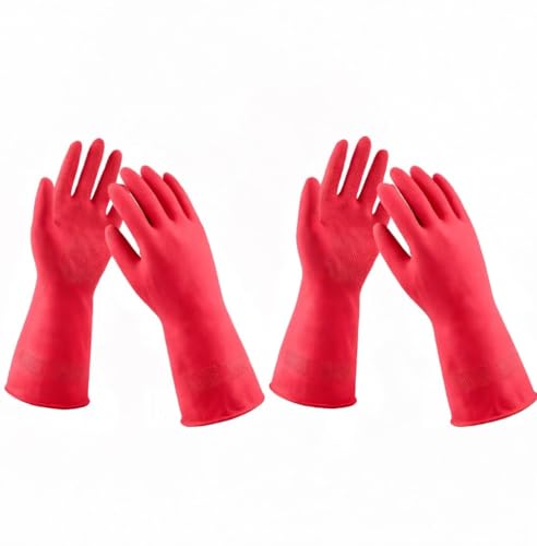 LADWA 2 Pairs Non-Slip Household Cleaning Reusable Dishwashing Gloves for Kitchen Washing Dishes Bathroom Gardening & Home Tasks Flexible Long-lasting & Waterproof Gloves Perfect for Woman Men (Red) - color: Red, size: Pack of 2