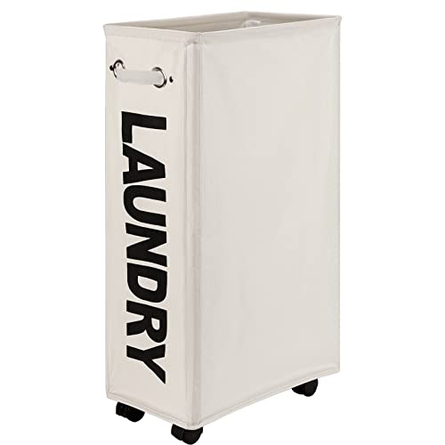 DOKEHOM 70L Enlarged Slim Rolling Laundry Basket Hamper on Wheels, Beige - color: Beige/L, size: 70L/Slim