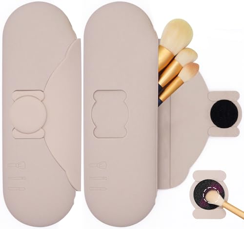 Travel Silicone Makeup Brush Holder with Cleaning Pad and Magnetic Closure - color: Khaki