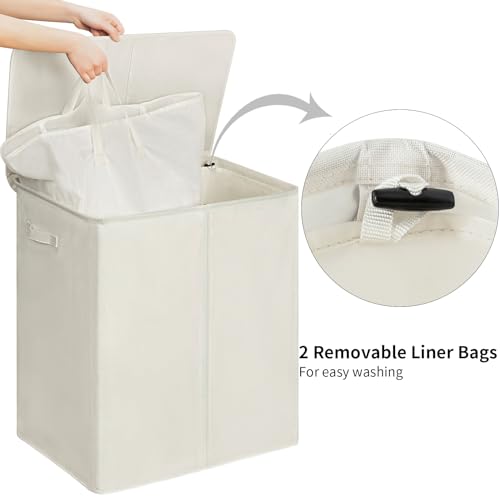 WOWLIVE 180L Double Laundry Hamper 2 Section with Lid and Removable Bags - color: Beige, size: 180L (24.8 x 16.2x 27.6 Inches)