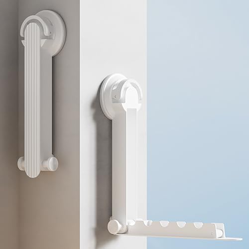 Foldaway Clothes Wall Mounted Drying Rack with Suction Cup,All Metal in Space Aluminum, Foldable, Retractable, Portable for Laundry (White) - color: White