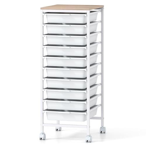 Giantex Rolling Storage Cart with 10 Drawers, Utility Cart w/Wooden Tabletop, Lockable Wheels, Multipurpose Organizer for Art Craft Books Paper, Drawer Carts for Dorm Classroom Office, White - color: White, size: 10 Drawer-13"x14.5"x33.5"