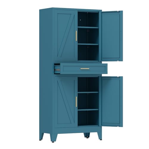 COFaR 71 in Tall Kitchen Pantry Cabinet with Drawer, Metal Pantry Storage Cabinet with 4 Adjustable Shelves and 4 Barn Doors, Freestanding Farmhouse Food Cupboard for Dining Room, Peacock Blue 6-Tier - color: Peacock Blue, size: 71'' 4 Doors 1 Drawer-Barn