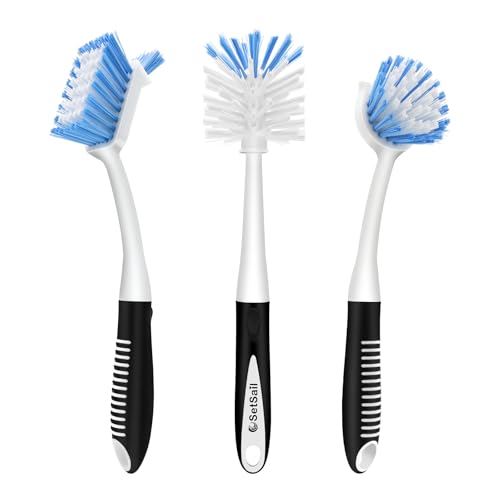 SetSail 3 Pack Dish Brush Set, Long Handle Kitchen Scrub Brush(Black Blue) - color: Black Blue