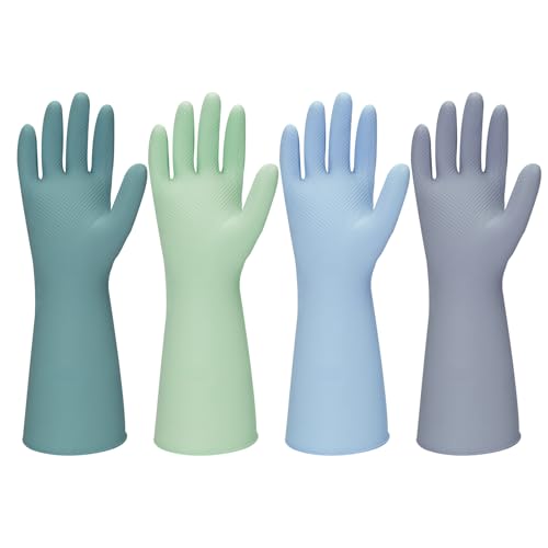 Rubber Kitchen Dishwashing Gloves - 4 Pairs Colorful Reusable Household Cleaning Gloves For Washing Dishes And Cleaning Tasks，Flexible And Durable Waterproof (Medium, Dark Green+Blue+Green+Gray)
