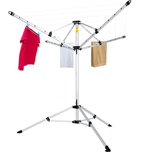 JS HANGER Drying Natural Clothes Airer Outdoor Portable 4-arm Aluminum Drying Rack w/Ground Stake, Carry Bag, 28-Lines with 65 ft. Umbrella Clothesline - color: Silvery-3 Legs