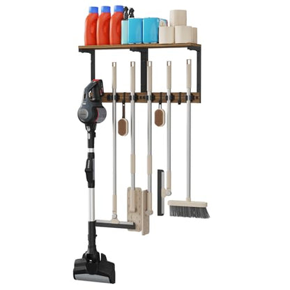 Broom and Mop Holder Wall Mount, 27" Large Organizer with Wood Shelf