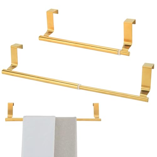 Over Cabinet Towel Holder, Stainless Steel Adjustable Length Over Cabinet Door Kitchen Towel Bar. Dish Towel Holder Hanger Suitable for Cupboard,Door,Cabinet,Laundry. Gold