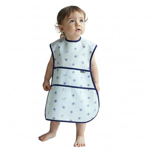 Plie Full Coverage Waterproof Feeding Bib for Toddlers – Extra Long Apron Bib for Mealtime, Self-Feeding, High Chairn - color: Blue Bear