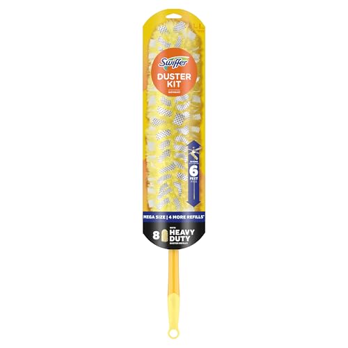 Swiffer Duster Kit with 6 ft Super Extendable Handle, Heavy Duty Starter Kit, Microfiber, White, with 8 Refills