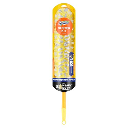 Swiffer Duster Kit with 6 ft Super Extendable Handle, Heavy Duty Starter Kit, Microfiber, White, with 8 Refills