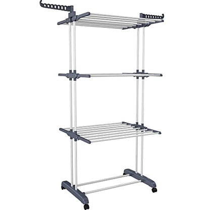 Clothes Drying Rack, 4-Tier Foldable Drying Rack Clothing with 4 Castors, 24 Poles & 14 Hooks, Movable Stand for Bed Linen, Indoor Outdoor Use, 67.7" High