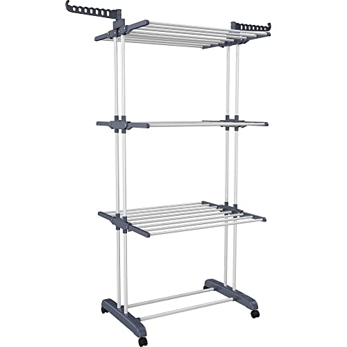 Clothes Drying Rack, 4-Tier Foldable Drying Rack Clothing with 4 Castors, 24 Poles & 14 Hooks, Movable Stand for Bed Linen, Indoor Outdoor Use, 67.7" High