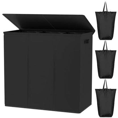 WOWLIVE 180L Laundry Hamper 3 Section, Large Laundry Basket with Lid - color: Black, size: 180l (31.5"L x 12.5"W x 28"H)