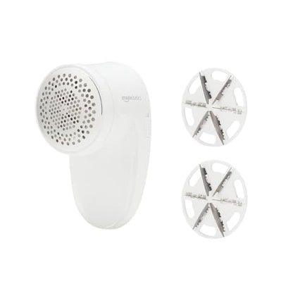 Amazon Basics Battery Operated Fabric Shaver for Clothes, Remove Pilling, Lint and Fuzz Removal, 6-Leaf Blades with Safety Lock, Portable, Includes 2 Spare Blades, White