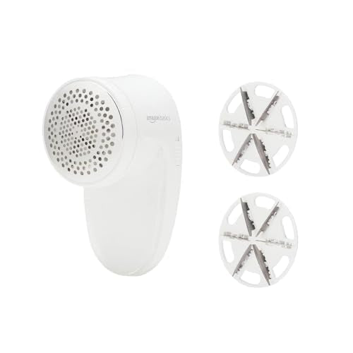 Amazon Basics Battery Operated Fabric Shaver for Clothes, Remove Pilling, Lint and Fuzz Removal, 6-Leaf Blades with Safety Lock, Portable, Includes 2 Spare Blades, White