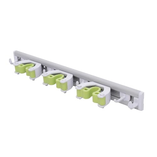 Pine-Sol Mop and Broom Holder - Hanging Wall Mount Storage Rack with 3 Slots and 6 Hooks - Adjustable Cleaning Tool Organizer for Garage, Kitchen, and Utility Closet