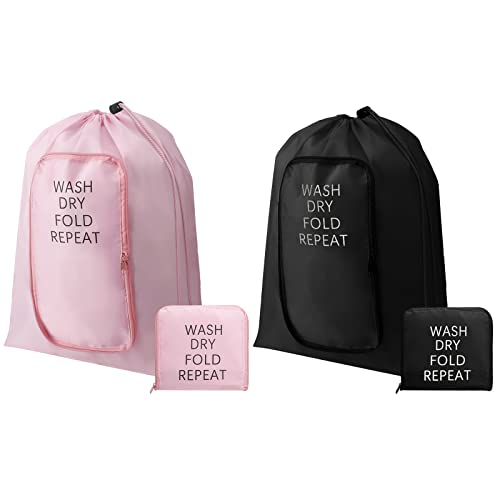 Boao 2 Pcs Travel Laundry Bag with Drawstring Zipper - color: Pink, Black, size: Classic