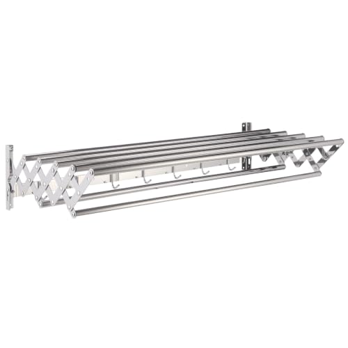 Clothes Drying Rack Wall Mounted with Hooks, 31.5 x 5.7 in Stainless Steel Accordion Collapsible Clothes Drying Rack with 4.7-13.8 in Extension, 7 Rods for Laundry Room Bathroom Balcony