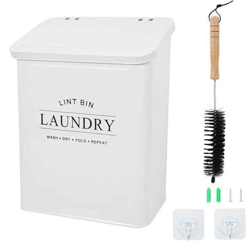 DreamsEden Laundry Lint Bin with Brush, Magnetic Wall Mount Container, 7 x 10 inch Steel Lint Collector 3.5L Storage Holder Organizer for Dryer Sheets Wool Balls Laundry Pods (White)