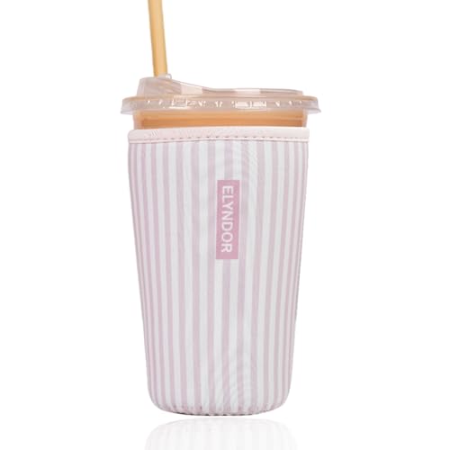 Reusable Insulated Sleeve for Iced Coffee Cup, Coffee Neoprene Sleeve for Cold & Hot Drinks, Beverage Holder for Iced Coffee (Pink Stripes, Medium: 22-24oz) - color: Pink Stripes, size: Medium: 22-24oz