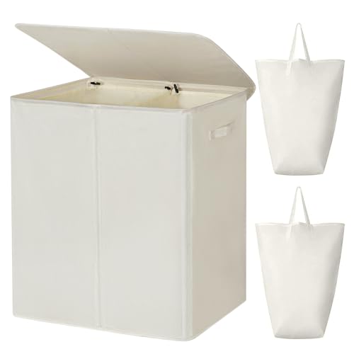 WOWLIVE 180L Double Laundry Hamper 2 Section with Lid and Removable Bags - color: Beige, size: 180L (24.8 x 16.2x 27.6 Inches)