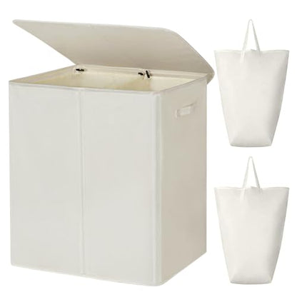 WOWLIVE 180L Double Laundry Hamper 2 Section with Lid and Removable Bags - color: Beige, size: 180L (24.8 x 16.2x 27.6 Inches)