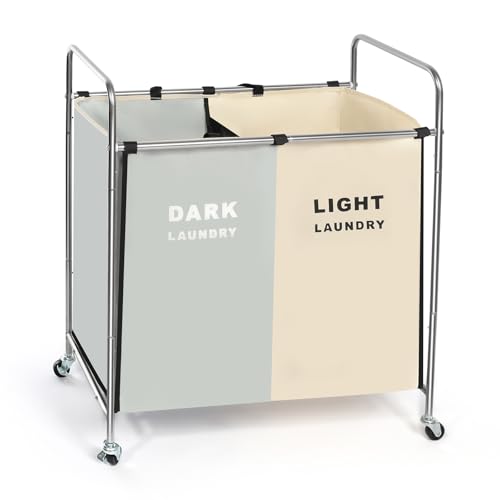 Laundry Cloth Hamper Sorter Basket Bin Foldable 3 Sections with stainless steel Frame Washing Storage Dirty Clothes Bag for Bathroom Bedroom Home Storage Basket (White+gray, 2 Liner) - color: White+gray, size: 2 Liner