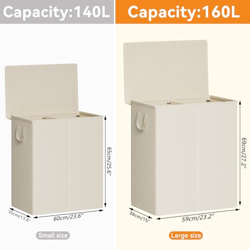 Chrislley Double Laundry Hamper with Lid, 160L Laundry Basket 2 Section - color: Beige, size: 160L(25.0"L x 14.2"W x 27.2"H)