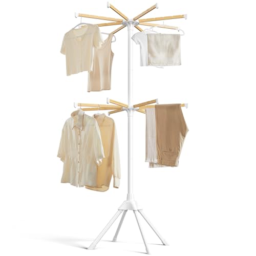 SONGMICS Clothes Drying Rack, Foldable Steel Airer, Bamboo Hanging Rods - size: 2 Tier