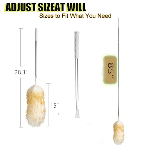 Lambswool Feather Duster with Extension Pole up to 85inch,Extendable Feather Duster Used for Cleaning High Ceiling Fan, High Ceilings,Furniture,Hard to Reach Areas - size: 28.3-85inch