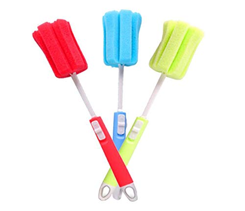 ericotry 3PCS Dishwashing Foam Sponge Brush with Adjustable Long Handle Bottle Scrubber Cleaning Sponges Brushes Cleaner Soft for Baby Bottle Kitchen Clean Glasses Mugs Cups (Color Random)