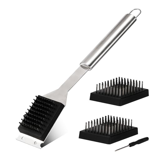16.5” Grill Brush and Scraper with 2 Brush Replacements & 1 Screwdriver, Wire BBQ Grill Brush for Outdoor Grill, 304 Stainless Steel Cleaning Brush BBQ Grill Accessories