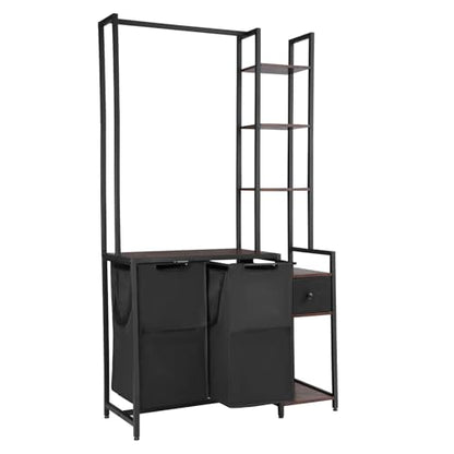 VEVOR 3 Tiers Laundry Sorter with Rack, Tall Laundry Hamper with Shelves and Drawers, 2 Section Freestanding Hanging Rack Storage with 600D Oxford Cloth Bags and Ladder Shelves for Dirty Clothes