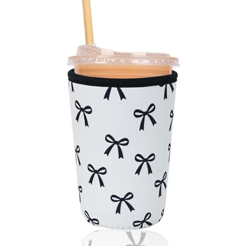 Reusable Insulated Sleeve for Iced Coffee Cup, Coffee Neoprene Sleeve for Cold & Hot Drinks, Beverage Holder for Iced Coffee (Black Bow, Medium: 22-24oz) - color: Black Bow, size: Medium: 22-24oz