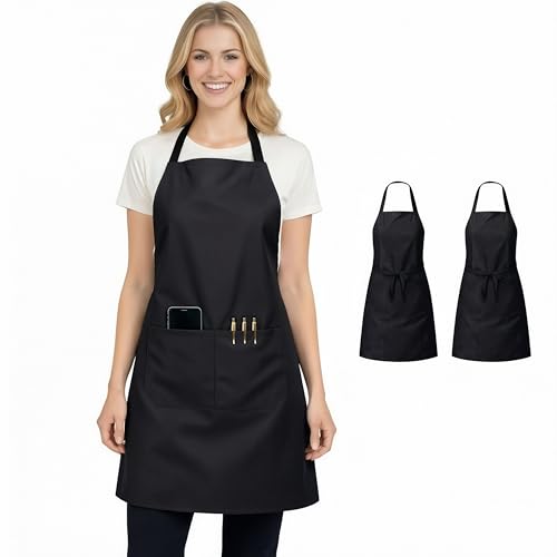 2/6/12/24 Pack Waterproof Aprons Bulk with Pockets, Polyester and PVC Coated Chef Aprons for Cooking, Painting, BBQ - color: Black