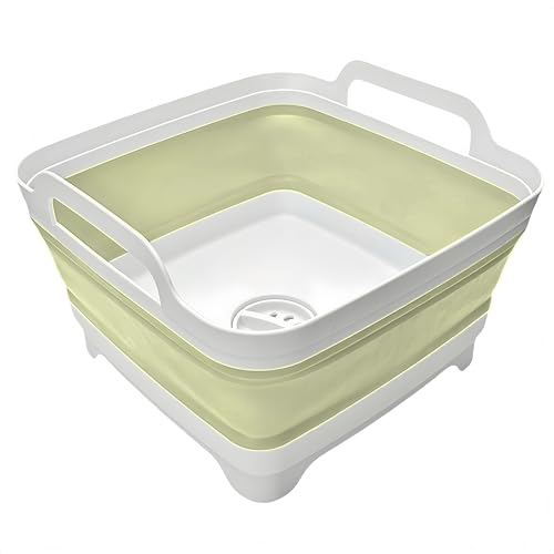 Collapsible Wash Basin 9L, Foldable Dish Tub with Drain Plug, Portable Collapsible Dish Basin, Camping Sink for Washing Dishes, Laundry & Kitchen Use (Green) - color: Green - Set of 1