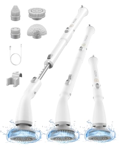 HiCOZY Electric Spin Scrubber HS1, Cordless Shower Scrubber for Cleaning with 4 Replaceable Brush Heads Adjustable Extension Handle, IPX7 Waterproof Cleaning Brush for Bathroom Floor White