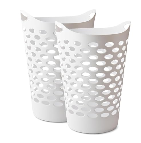2 BUSHEL Flexible Laundry Basket,Tall plastic hamper for Clothes, Bedroom, and Storage - Portable Round Bin with Carry Handles 17.75" x 17.25" x 26", White (2)