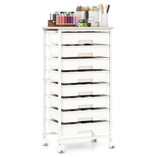 Giantex 8 Drawers Rolling Cart with Wheels, Wood Top, Sturdy Frame - color: White, size: 8 Drawer-15"x11"x30"