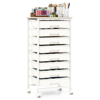 Giantex 8 Drawers Rolling Cart with Wheels, Wood Top, Sturdy Frame - color: White, size: 8 Drawer-15"x11"x30"