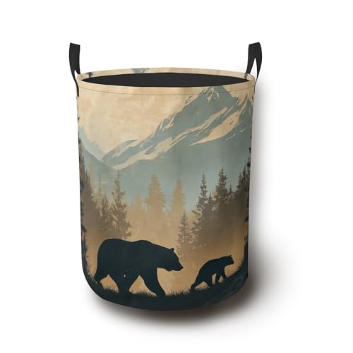 Black Bear Laundry Hamper,Mountain Forest Collapsible Laundry Basket with Handles Waterproof Storage Bin for Clothes Books Organizer Basket for Bedroom Bathroom Dormitories 16" x 20.8" - color: Black Bear Mountain Forest