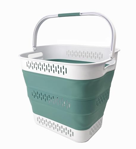 SAMMART 40L (10.5 Gallon) Collapsible Plastic Laundry Basket with Handles - Foldable Pop Up Storage Container/Organizer - Portable Laundry Hamper - Space Saving (1, White/Celadon Green) - color: White/Celadon Green
