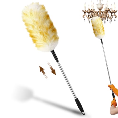 Extendable Wool Duster, 18-48 Inch Long Handle Duster with Natural Fluffy Wool Head, Dusters for Cleaning Ceiling Fans, Blinds, High Ceilings, Furniture, Washable & Reusable - color: Wool Color