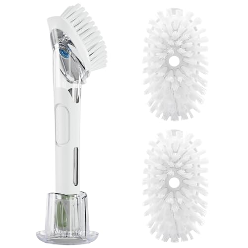 RIMAY Soap Dispensing Dish Brush Set with 2 Brush Refills and Holder - color: White-green