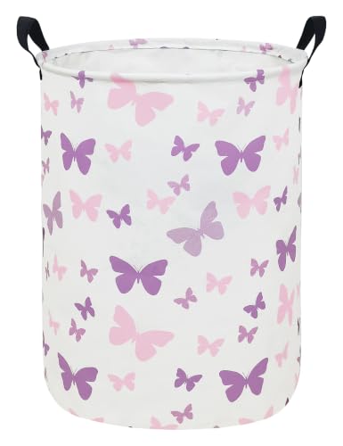 Round Fabric Collapsible Storage Basket with Handles, Purple Butterfly - color: Round-Purple Butterfly
