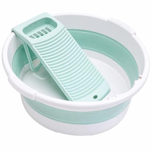 Fold Washboard Basin for Hand Washing Clothes,Non-Slip Washtub with Integrated Washboard for Hand Wash Laundry Household (Green) - color: Green