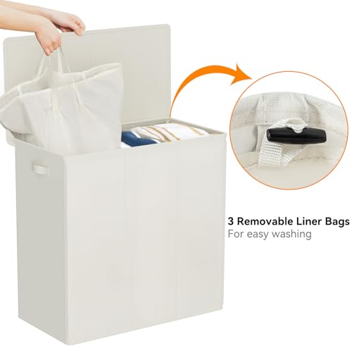 WOWLIVE 180L Laundry Hamper 3 Section, Large Laundry Basket with Lid - color: Beige, size: 180l (31.5"L x 12.5"W x 28"H)